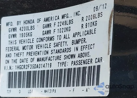 2013 Honda Accord Lx z USA, uszkodzony, nr VIN 1HGCR2F35DA014719